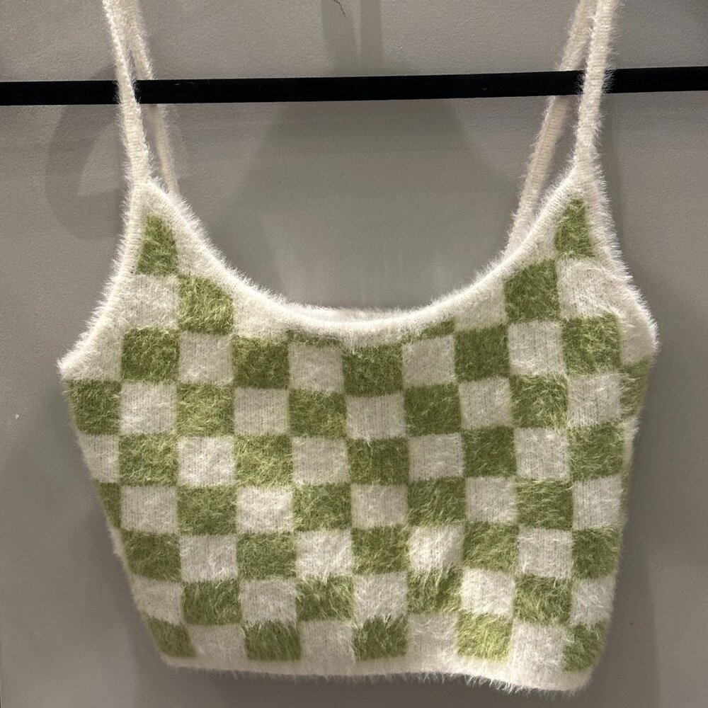 Size Small White and Green Checkered Fuzzy LA Hearts Tank Top